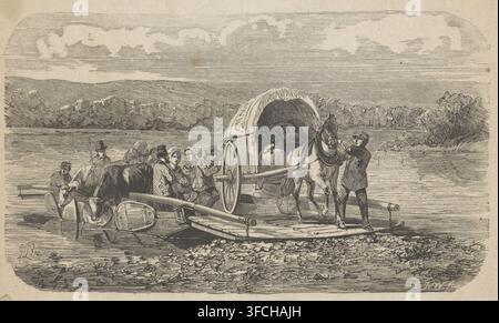 Arriving ferry showing men, women, two cows and a covered wagon with a horse, print, printmaker: Isaac Weissenbruch, Netherlands, after design by Gerardus Johannes Bos, 1836 - 1912, paper, wood engraving, height 115 mm x width 195 mm, adult woman, adult man, horse, cow, covered wagon, hooded wagon, traffic on the water., A detailed black and white illustration shows a covered wagon on a simple raft at the edge of a body of water, with a horse harnessed to the wagon and a man holding the horse’s bridle on the shore. Several people sit or stand on the raft near the wagon, some wearing hats and Stock Photo