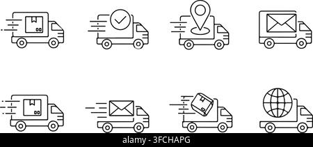 Delivery truck and freight van with package box shipping logistics transportation line vector icon illustrations set. Stock Vector