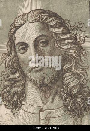 Head of Christ, print, printmaker: Monogrammist NB (Italy), Italy, printmaker: Monogrammist NDB (possibly), 1600 - 1699, paper, chiaroscuro woodcut, chiaroscuro woodcut in black, brown and blue, printed from two wooden line blocks and from one wooden tone block, height 342 mm x width 250 mm, Christ., A close-up rendering of a face with long wavy hair and a short beard, the hair flowing in undulating locks around the shoulders and framing the face; the face shows relaxed eyes, a straight nose, and a subtly pursed mouth, all depicted with fine hatched and crosshatched lines; the shading uses Stock Photo