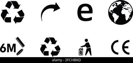Environmental care black icons set with recycling, share, e-commerce, globe, and certification symbols. Stock Vector