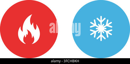 Fire and snowflake icons representing heat and cold in red and blue circles for temperature concepts. Stock Vector