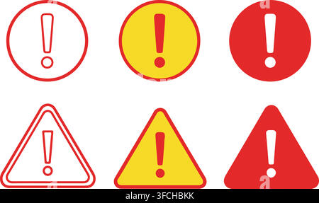 Exclamation mark warning symbols in circular and triangular shapes with red and yellow colors for safety notifications. Stock Vector