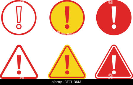 Exclamation mark warning icons in circle and triangle shapes with red yellow colors for hazard danger alert sign. Stock Vector