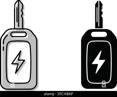 Electric car key system icons in outline and glyph styles featuring lightning symbol for power and locking technology. Stock Vector