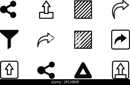 Essential interface icons set featuring share filter upload and redirection symbols for web application development. Stock Vector