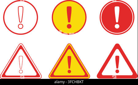 Exclamation mark alert icons with red yellow circular and triangular shapes for safety warnings and hazard signs. Stock Vector