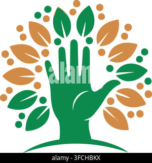 Ecological tree formed by human hand shape with colorful green and orange leaves representing sustainable community. Stock Vector