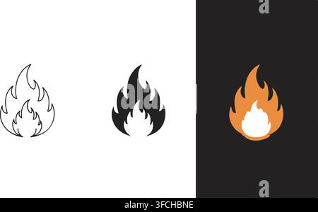 Fire flame icons in outline silhouette and orange color styles for hazard warning safety signs and energy branding. Stock Vector