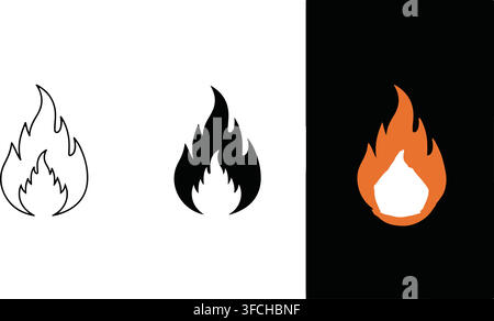 Fire flame icon set in outline black silhouette and orange color variations for warm energy power safety symbol. Stock Vector