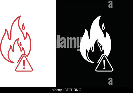 Fire hazard warning icon featuring red and white outline flame with exclamation mark triangle for emergency safety sign. Stock Vector