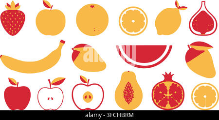 Flat fruit icons set including strawberry apple orange banana and watermelon for healthy food menu and grocery design. Stock Vector