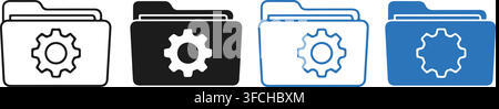 Folder icons with gear symbol for settings or configuration options, presented in outline and solid styles. Stock Vector