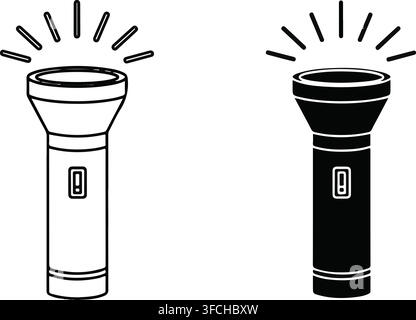 Flashlight outline and silhouette icons emitting light rays for emergency situation and outdoor night exploration. Stock Vector