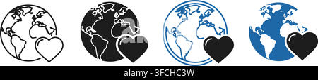 Global love and environmental care icon collection featuring earth globes with hearts in black and blue styles. Stock Vector