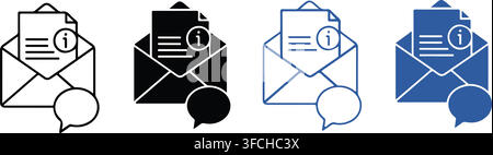 Four email envelope icons with an information symbol and a speech bubble, great for communication and notification designs. Stock Vector