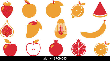 Fresh organic sliced fruits collection in red and orange colors for juice bar menu and healthy dietary recipes. Stock Vector