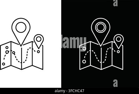 Folded paper map icon with path route and location pin markers in black and white line styles for travel navigation. Stock Vector
