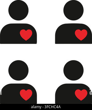 Four simple icons of people with red hearts over chest representing care, love and kindness for medical or social campaigns. Stock Vector