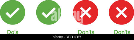 Green check mark icons and red cross symbols for correct and incorrect choices positive and negative feedback. Stock Vector