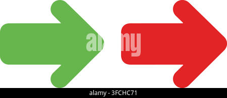 Green and red thick arrows point rightward providing simple color coded direction signs for navigation interfaces. Stock Vector