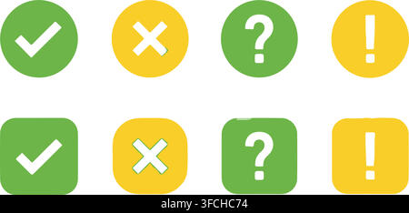 Green and yellow status feedback button icons showing checkmark cross question mark and exclamation point symbols. Stock Vector