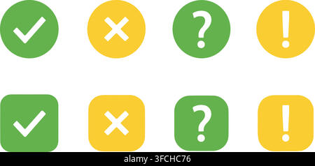 Green and yellow status indicator buttons with check marks crosses question marks and exclamation points symbols. Stock Vector