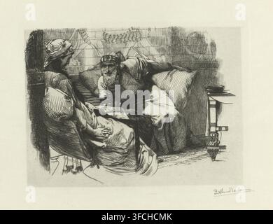 Two Persians, print, A bearded man on a sofa looks at a woman with a long braid., signature: 'L AlmaTadema', printmaker: Lourens Alma Tadema (signed by artist), London, 1882, paper, etching, height 147 mm x width 201 mm., A detailed black and white etching shows two seated figures on a cushioned bench against a tiled wall; one figure faces left wearing a draped head covering and long garments with a hand resting on a lap, the other leans forward with a beard and a patterned headband, one arm extended toward the first figure and the other supporting the body on the cushion. The setting includes Stock Photo