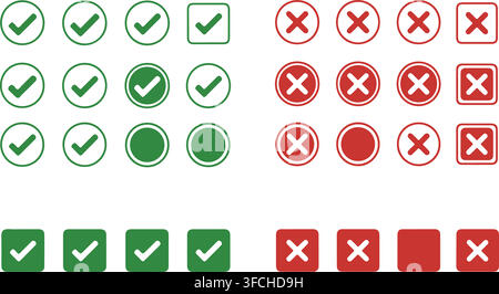 Green check marks and red cross icons set for approval rejection buttons survey results and checklist validation. Stock Vector
