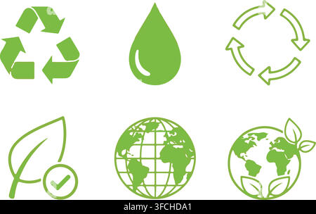 Green ecology recycling icon set features environmental symbols for sustainability conservation and planet protection. Stock Vector