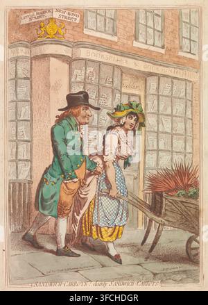 Woman with a wheelbarrow of carrots in front of the shop window of bookseller Robert Faulder in London, Sandwich-carrots! dainty sandwich-carrots, print, A woman with a hat and an apron walks behind a wheelbarrow of carrots. Behind her walks John Montagu, Earl of Sandwich. In the background the shop window of bookseller Robert Faulder on the corner of Little Madox Street and New Bond Street., printmaker: James Gillray, publisher: Hannah Humphrey, London, 1796-12, paper, etching, hand coloring, printed in brown, hand-colored, height 358 mm x width 252 mm, Person, John Montagu (5th Earl of Sandw Stock Photo