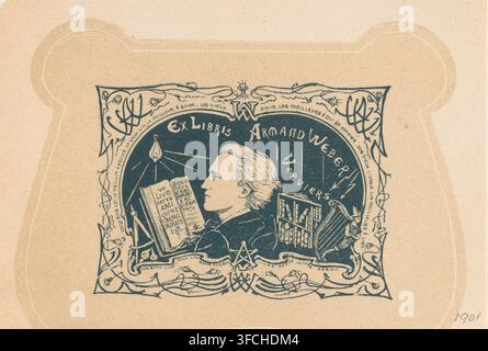 Ex libris of Armand Weber, print, bookplate, Portrait of the Belgian optician, bibliographer, lithographer, and collector Armand Weber from Verviers. Around the portrait an open book, a bookcase, a light bulb, a harp, and a compass. In a frame with text in French., 1901, printmaker, paper, tone lithography, lithography in black with tone block in beige, height 97 mm x width 138 mm, Person, Armand Weber, compasses, book, harp., An ornate dark blue rectangular illustration with rounded top corners sits on textured beige paper, showing a profile portrait of a person facing left surrounded by deco Stock Photo