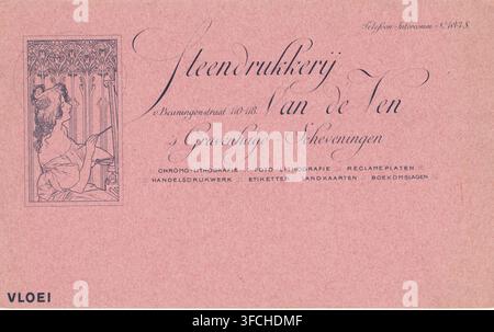 Advertising card for Steendrukkerij van de Ven, print, advertising card, A woman painting in front of an easel with a palette in her hands., after design by anonymous, 1912 - 1926, printmaker, paper, lithography, lithography in blue on pink paper, height 133 mm x width 217 mm, painter at work, in his studio, palette, easel., A pink textured paper background with a vertical rectangular decorative panel on the left showing a line drawing of a seated woman in profile holding a thin tool and a palette, framed by ornate arching floral patterns; to the right of the panel there is large elegant Stock Photo