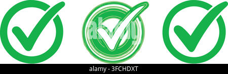 Green check mark icons with circular frames for quality assurance approval confirmation and positive feedback tasks. Stock Vector