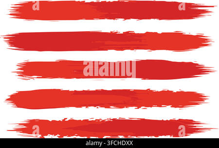 Grunge red brush strokes collection of messy hand painted textured design banners isolated on transparent background. Stock Vector