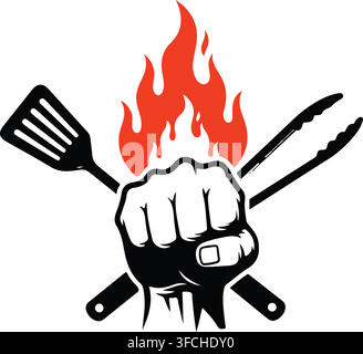 Grill master chef fist with spatula and tongs cooking barbecue tools flame vector illustration. Stock Vector