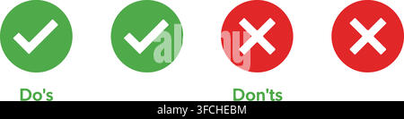 Green tick mark and red cross sign icons on transparent background for checklists or quality control feedback symbols. Stock Vector
