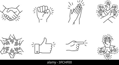 Hand gestures thin line icons collection featuring handshake thumbs up clapping and fist for communication designs. Stock Vector
