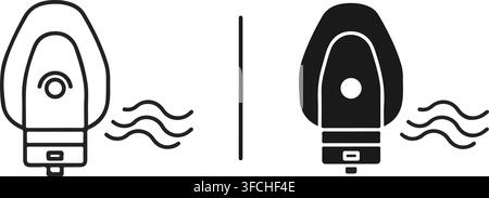 Hand dryer icon outline and filled versions with wavy air for hygiene and ventilation illustrations. Stock Vector