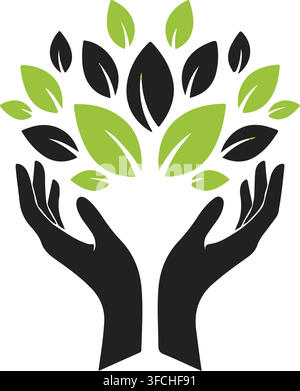 Hands holding green and black leaves create a tree-like shape, symbolizing nature care and growth. Stock Vector