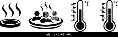 Hot spring bath spa and weather thermometer icons showing fahrenheit and celsius scales for thermal health therapy. Stock Vector
