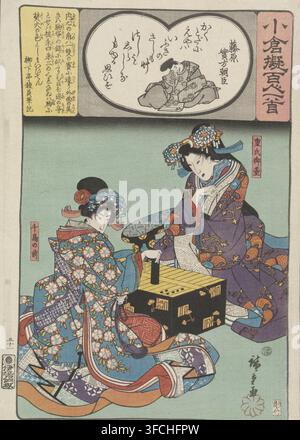 Fujiwara no Sanekata Ason, Ogura Imitation of the One Hundred Poems, print, Series number, 51, Midai and Chidori playing backgammon. Midai is Shigeuji's first wife, Chidori his concubine. The status of the first wife can be seen, among other things, in her chair, which has an armrest. The poem by Fujiwara no Sanekata Ason refers to the deep jealousy the women feel for each other. Scene from a Kabuki play., printmaker: Utagawa Hiroshige (I), Japan, block cutter: Yokogawa Takejirô, publisher: Ibaya Senzaburô, 1843 - 1846, Utagawa Hiroshige (I), Yokogawa Takejirô, Ibaya Senzaburô, printmaker, blo Stock Photo