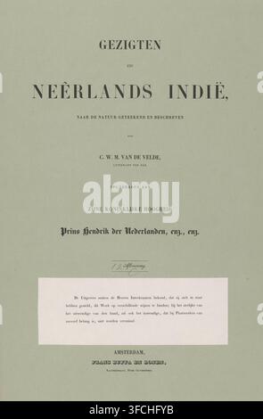 Cover with text sheets and prints about the Dutch East Indies: twelfth installment, Views from the Dutch East Indies, wrapper, print, Cover with three loose sheets including two text sheets and a lithograph. The cover is part of a folder containing twelve covers., inscription: '12 C', printmaker: Paulus Lauters, Brussels, after design by Charles William Meredith van de Velde, Indonesia, printer (person): Buffa en Zonen, Frans, Amsterdam, dedicated to: Hendrik (Prince of the Netherlands), 1843 - 1845, printer (person), paper, lithography, pastes, lithography on green paper, height 510 mm x widt Stock Photo