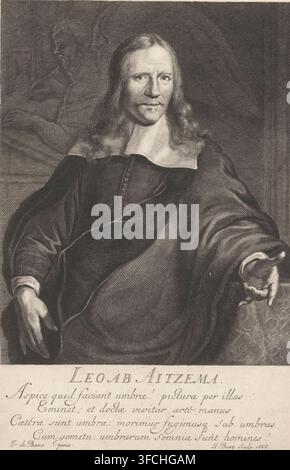 Portrait of Lieuwe van Aitzema, print, Portrait of Lieuwe van Aitzema. In the background, Chronos writing next to an hourglass. In the lower margin, his name and four lines of Latin text., printmaker: Hendrik Bary, Northern Netherlands, after painting by Jan de Baen, 1666, paper, engraving, gravure, height 272 mm x width 177 mm, Person, Lieuwe van Aitzema., A black and white engraved portrait of a seated man with long wavy hair and a narrow mustache and small goatee, wearing a dark robe with wide sleeves and a white wide collar, his left arm extended outward with an open hand and his right Stock Photo