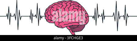 Human brain and heartbeat pulse line medical vector illustration graphic design with transparent background. Stock Vector
