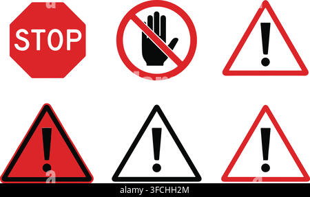 Industrial warning signs and stop hand symbols in red and black colors for safety alerts and hazard warnings. Stock Vector