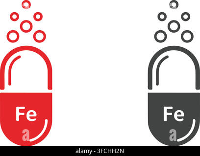 Iron capsule vitamin supplement icon set in red and black colors for medical healthcare and nutrition packaging. Stock Vector