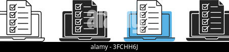 Laptop computer showing online survey or checklist form vector set with checkmark lines in black and blue styles. Stock Vector