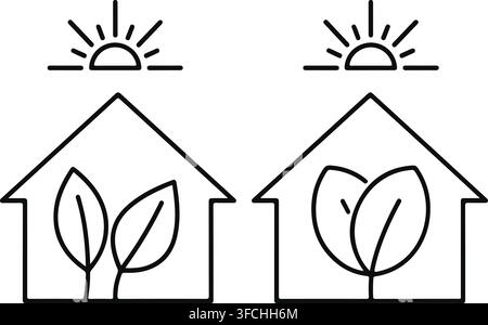 Linear house icons with sun and leaves for eco friendly housing and sustainable architecture concept illustrations. Stock Vector