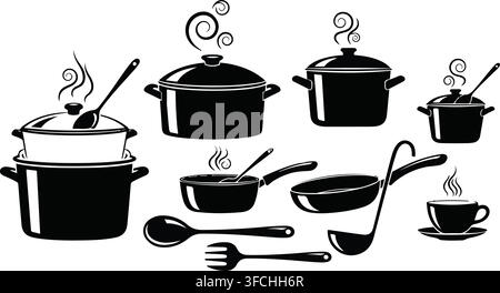 Kitchenware black silhouette icons set featuring pots pans spoon fork ladle and cup for cooking and baking theme vector. Stock Vector