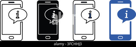 Mobile phone with information speech bubble icon set in black outline solid and blue colors for help center design. Stock Vector